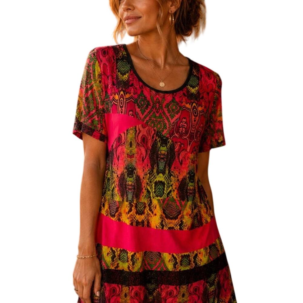 Calesssa black & pink dress with multicolored geometric and tribal print, size M